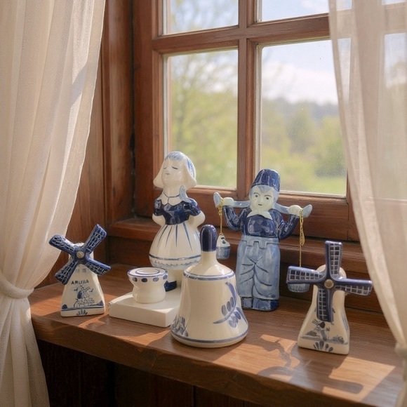 Delft Blue Other - Vintage Blue & White Delft Holland Ceramic Figurines & Mini Windmills (Set of 5)